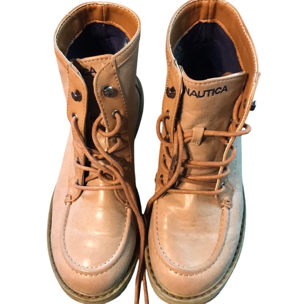 Nautica Kids Tan Lace Up Moc Toe Ankle Boots Faux Leather Suede‎ Size 4